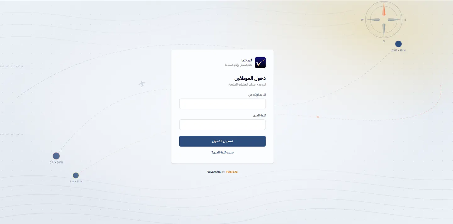 شاشة دخول فريق العمل في نظام فويانتيرا لإدارة شركات السياحة